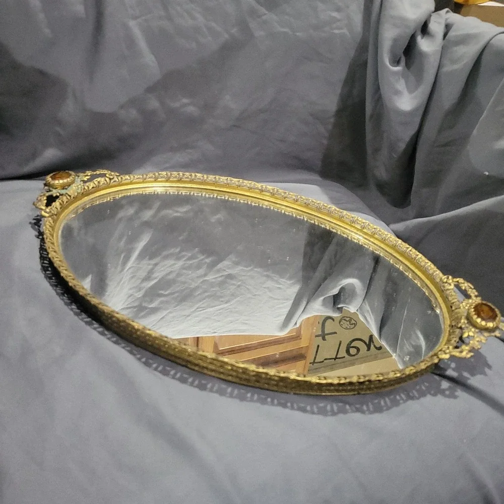 Vtg Matson MCM Gold Metal Vanity Tray Mirror Floral Roses Filigree Lace Amber